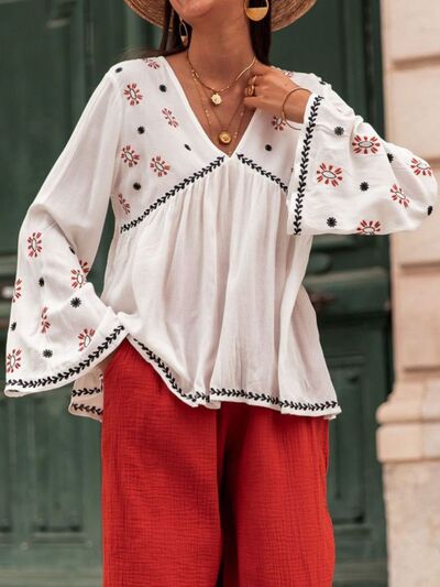 Embroidered V-Neck Long Sleeve Blouse