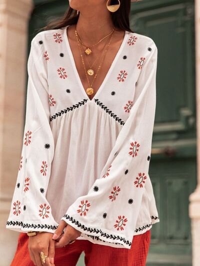 Embroidered V-Neck Long Sleeve Blouse